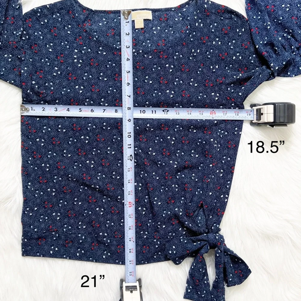 Michael Kors Heart Print Tie Waist 3/4 Bell Sleeve Navy Blue Red Peasant Top S - Picture 9 of 9